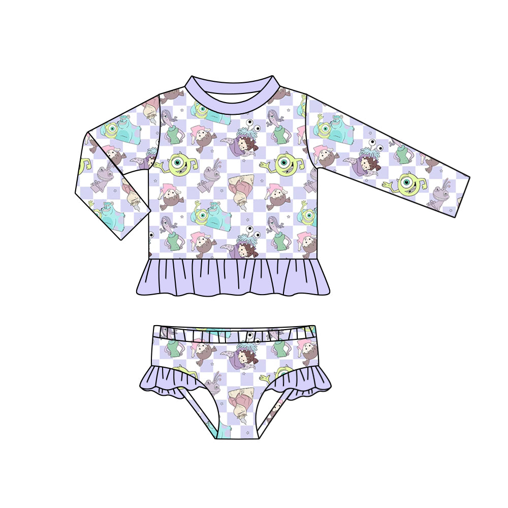 (Custom Design Preorder MOQ 5) Cartoon Monster Print Girls 2 Pieces Long Sleeve Swimsuits