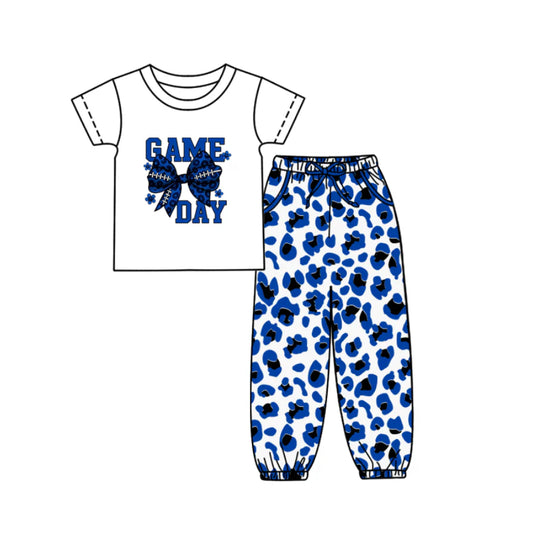 (Custom Design Preorder MOQ 5) Game Day Bow Top Blue Leopard Joggers Pants Girls Clothes Set
