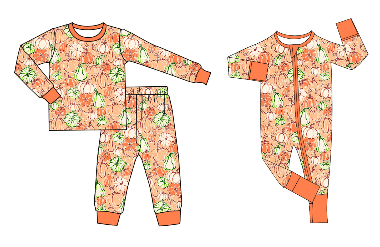 5.22(Custom Design Preorder MOQ 5 Each Design) Pumpkin Orange Print Girls Pajamas Matching Clothes Sisters Wear
