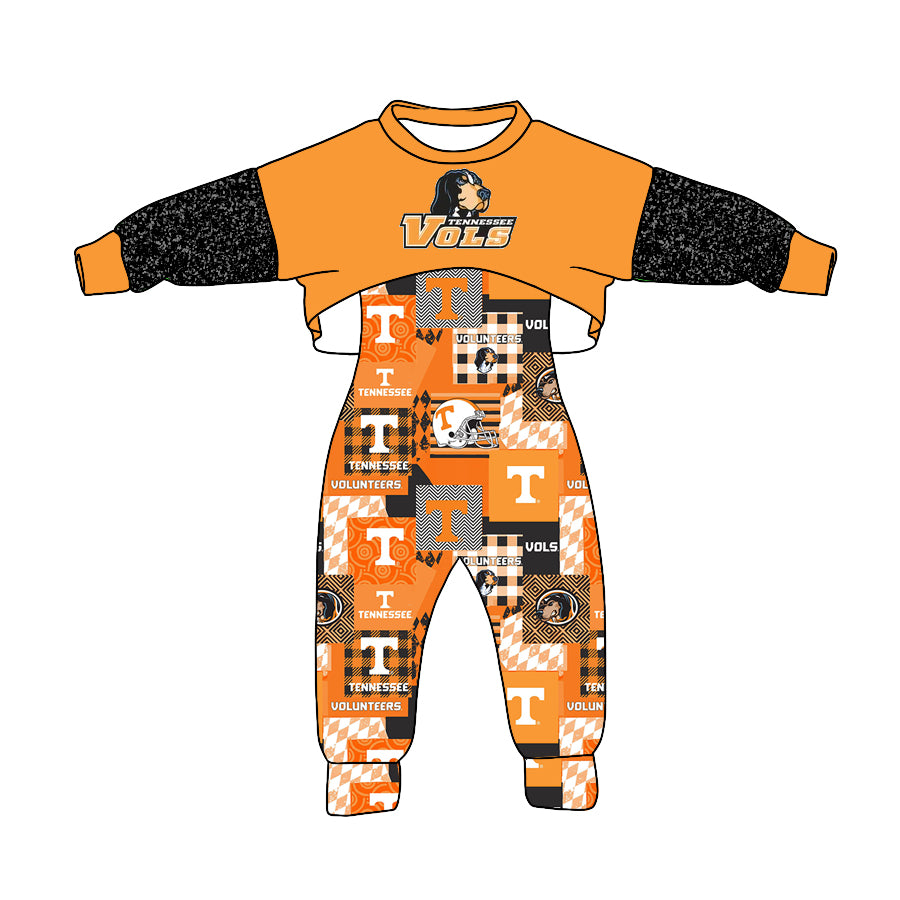 (Custom Design Preorder MOQ 5) Orange Football Team's Tennessee VOLS Print Girls Jumpsuits Clothes Set