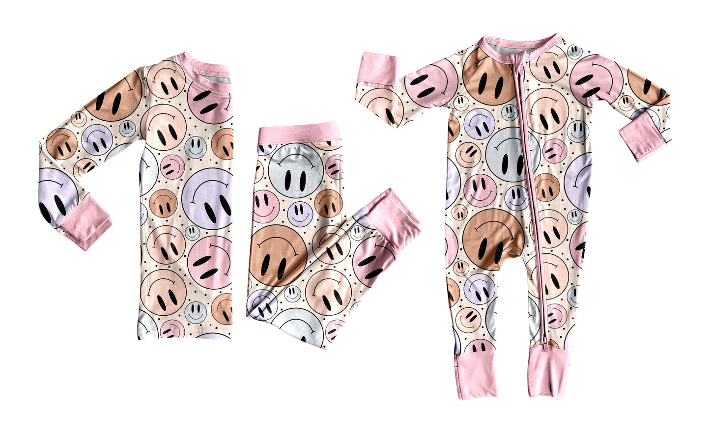 5.24(Custom Design Preorder MOQ 5 Each Design) Pink Smiling Face Print Girls Fall Pajamas Matching Clothes Sisters Wear