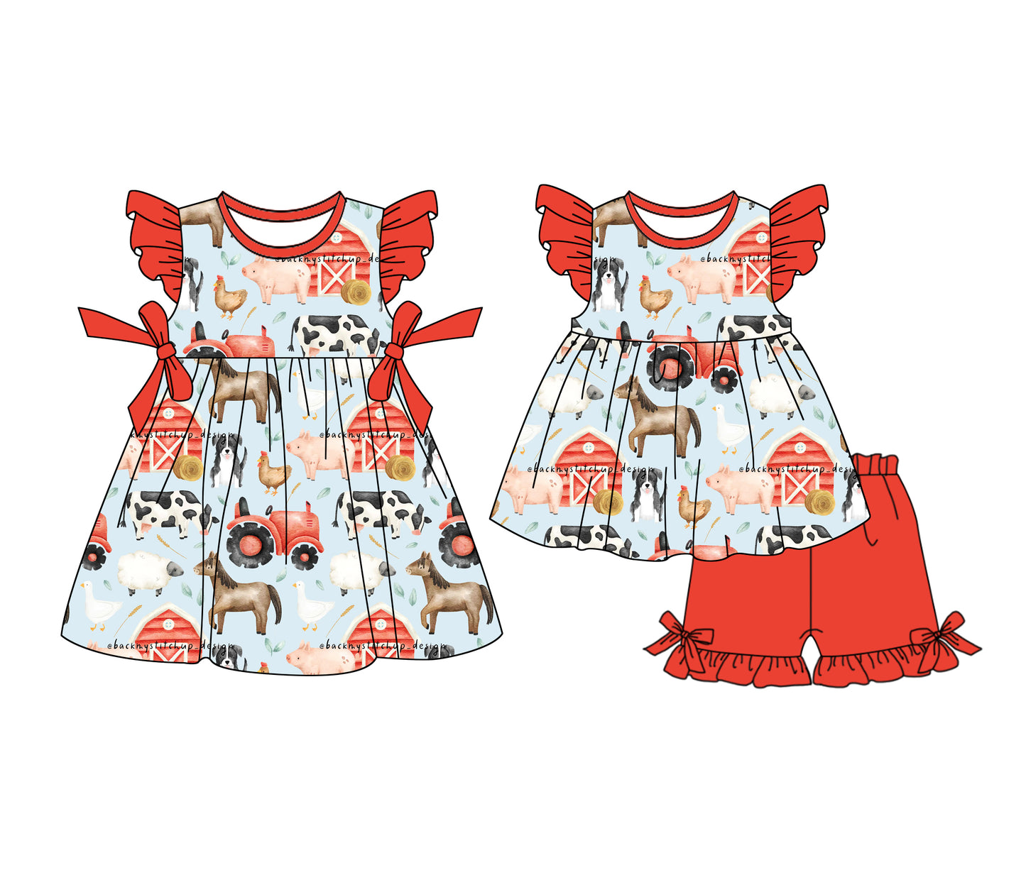 1.6(Custom Design Preorder MOQ 5 Each Design) Farm Animals Print Girls Summer Matching Clothes Sisters Wear