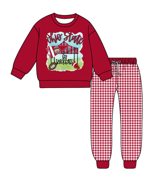 (Custom Design Preorder MOQ 5) Team's Ohio State Top Plaid Pants Boys Fall Clothes Set