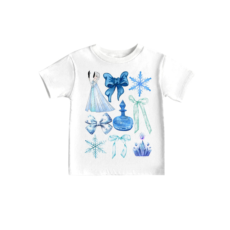 (Custom Design Preorder MOQ 5)NO.10 Cartoon Princess Bows Snowflake Print Girls Summer Tee Shirts Top