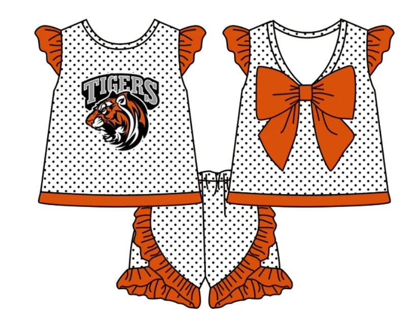 (Custom Design Preorder MOQ 5 ) Team's Tigers Top Dots Shorts Girls Summer Clothes Set