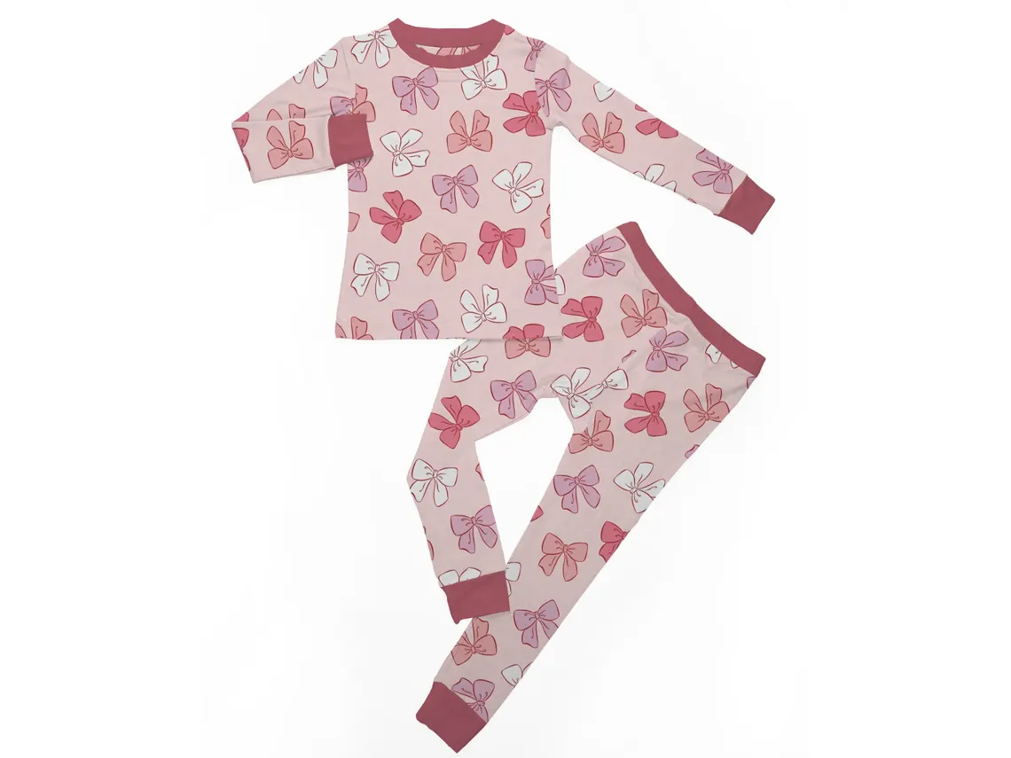 (Custom Design Preorder MOQ 20) Bows Print Girls Fall Pajamas Bamboo Clothes Set