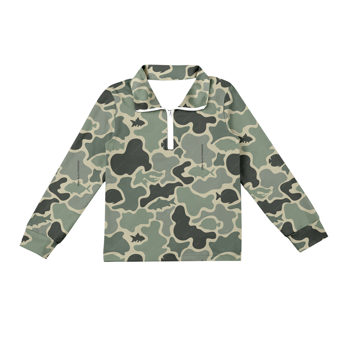 (Custom Design Preorder MOQ 5) Green Camo Fish Print Kids Long Sleeve Zipper Tee Shirts Top