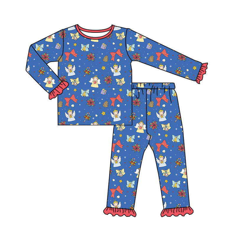 (Custom Design Preorder MOQ 20) Angel Holly Candy Cane Bows Print Girls Christmas Bamboo Pajamas Clothes Set