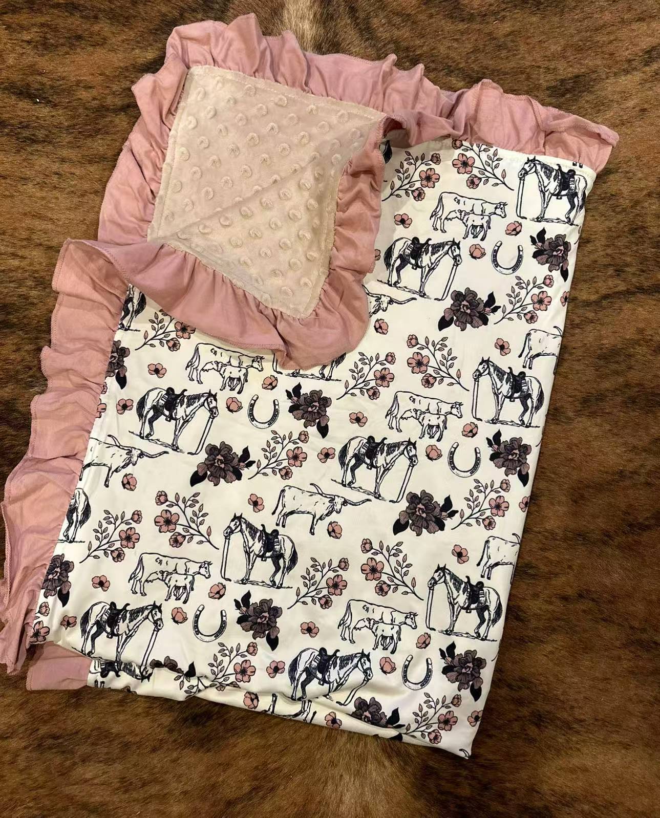 (Custom Design Preorder MOQ 5) Horse Flowers Print Baby Girls Western Minky Blanket