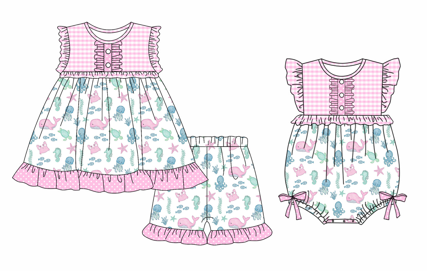 3.29(Custom Design Preorder MOQ 5 Each Design) Marine Organism Print Girls Summer Matching Clothes Sisters Wear