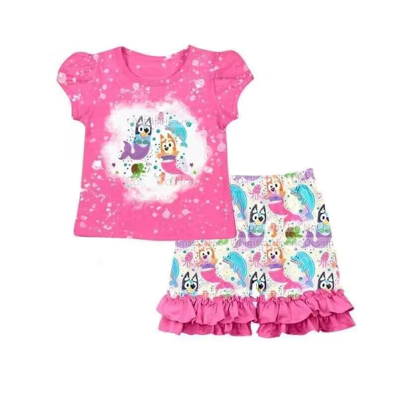 (Custom Design Preorder MOQ 5) Cartoon Dog Mermaid Top Ruffle Shorts Girls Summer Clothes Set