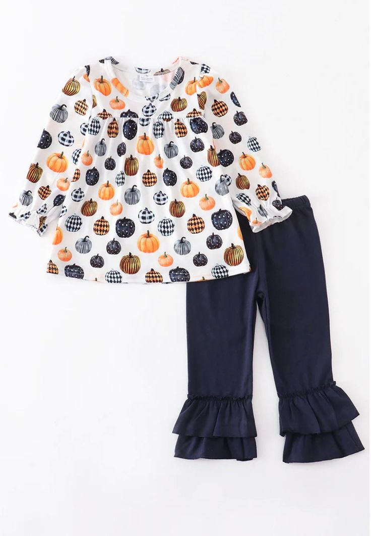 (Custom Design Preorder MOQ 5) Pumpkin Tunic Top Navy Pants Girls Fall Clothes Set
