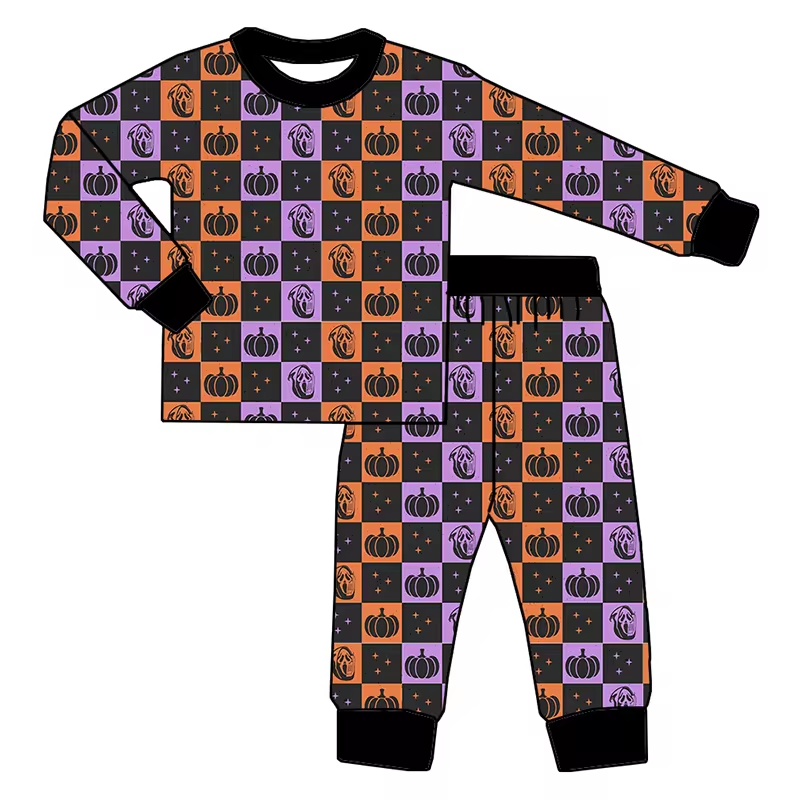 (Custom Design Preorder MOQ 5) Pumpkin Purple Orange Plaid Print Girls Halloween Pajamas Clothes Set