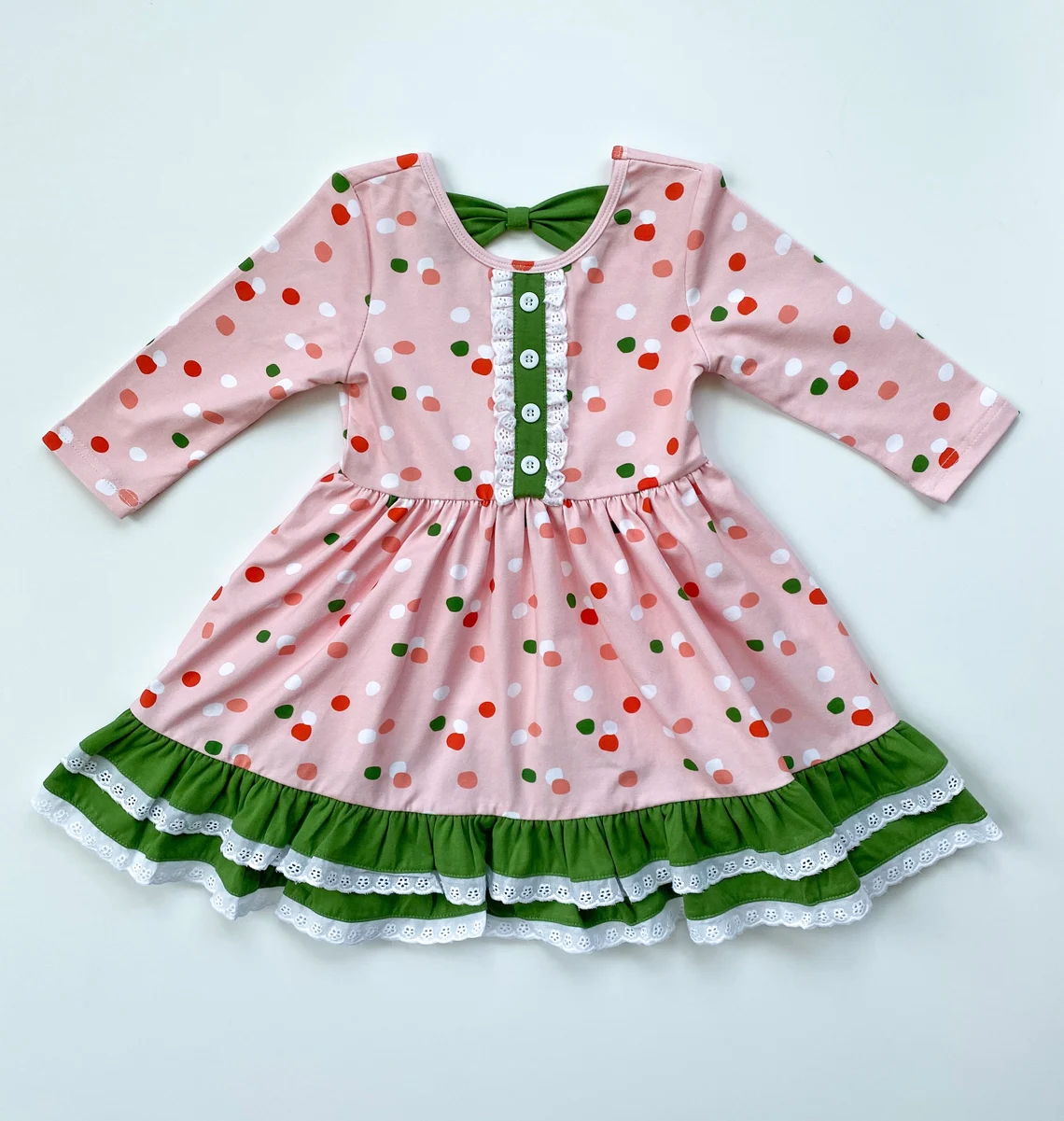 (Custom Design Preorder MOQ 5) Green Red Dots Print Girls Christmas Knee Length Dress