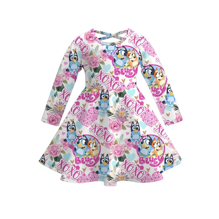 (Custom Design Preorder MOQ 5) Cartoon Dog Flowers XOXO Print Girls Valentine's Day Knee Length Dress
