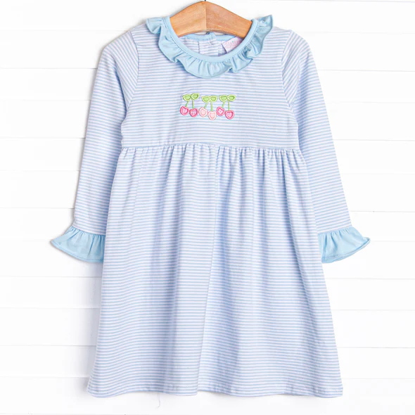 (Custom Design Preorder MOQ 5) Cherry Blue Stripes Print Girls Fall Knee Length Dress
