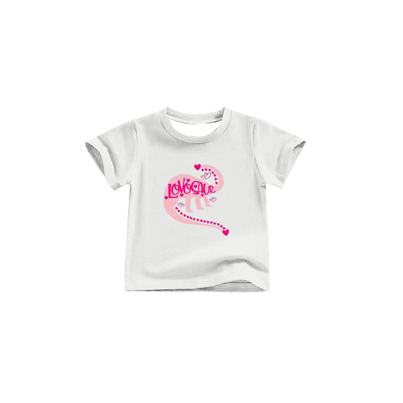 (Custom Design Preorder MOQ 5) Pink Dino Heart Print Girls Valentine's Tee Shirts Top