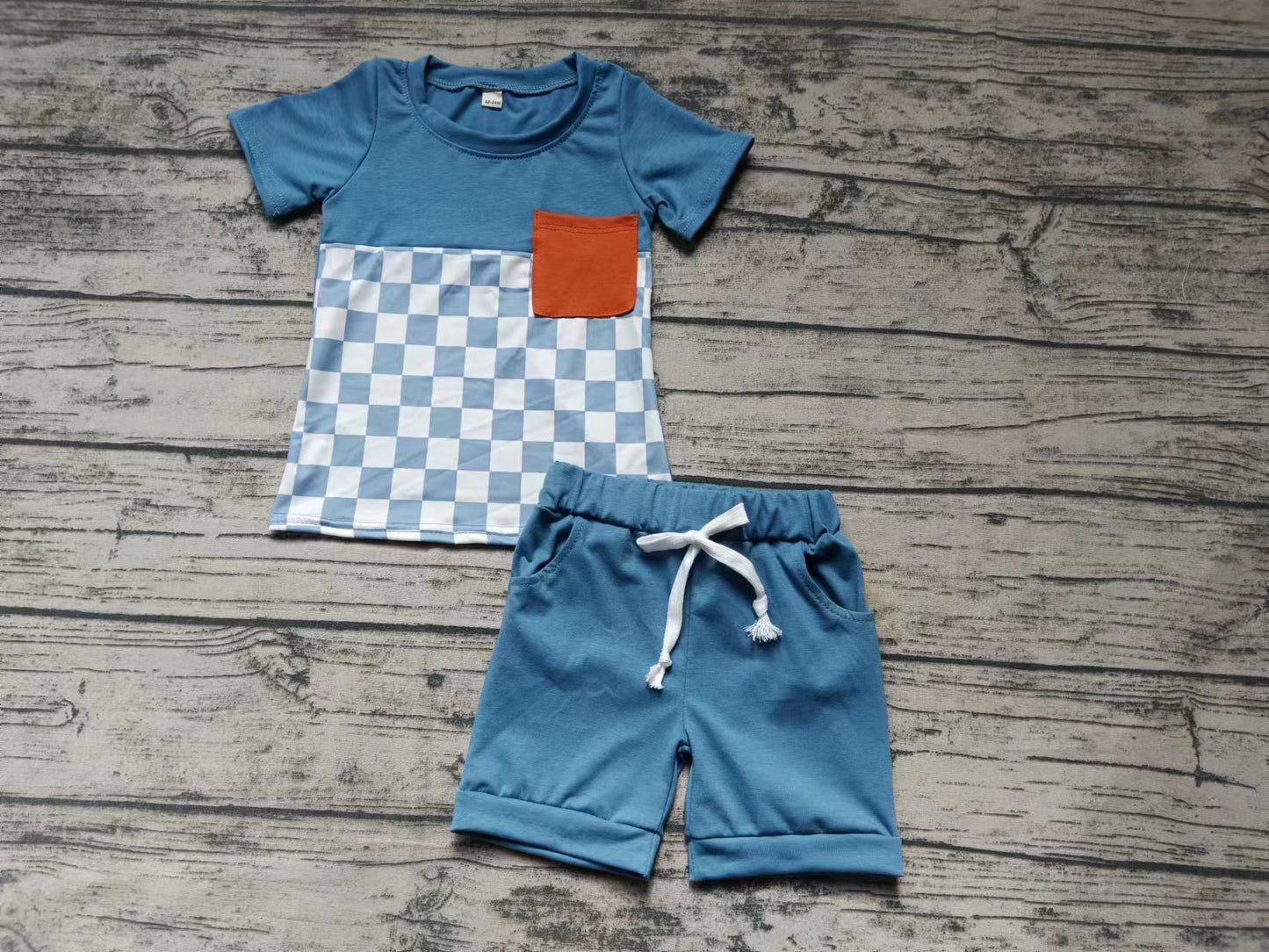 (Custom Design Preorder MOQ 5) Plaid Pocket Top Blue Shorts Boys Summer Clothes Set