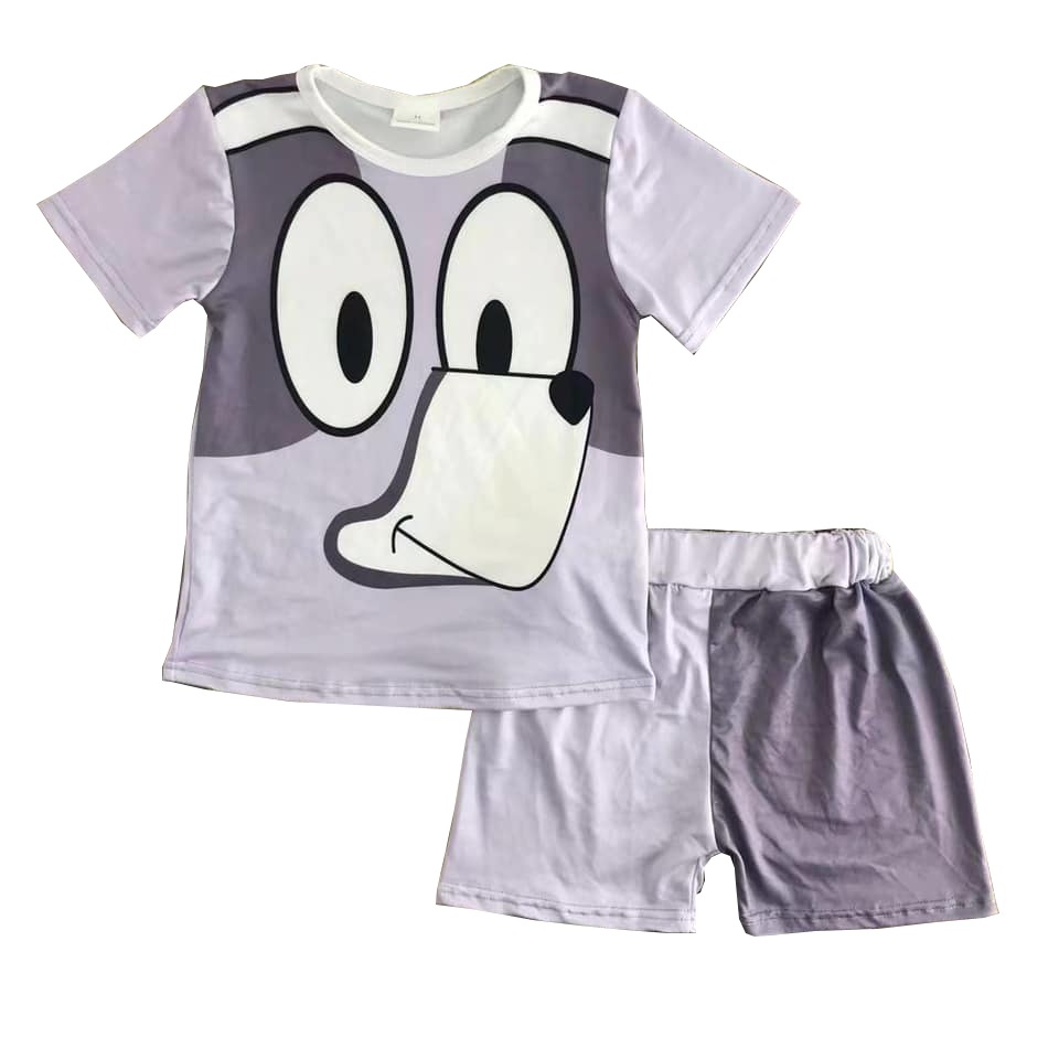(Custom Design Preorder MOQ 5) Cartoon Dog Grey Print Kids Summer Clothes Set