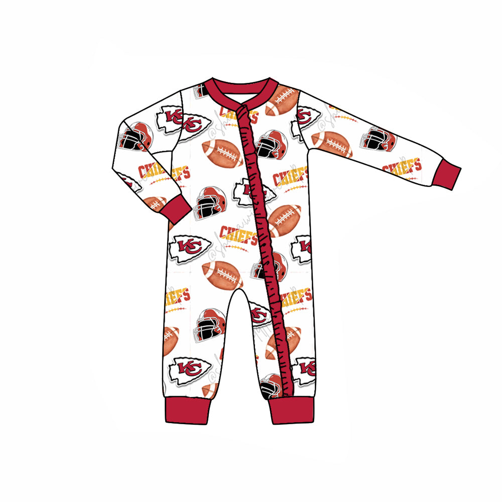 (Custom Design Preorder MOQ 5) Team's KC White Print Baby Girls Fall Sleeper Zipper Romper