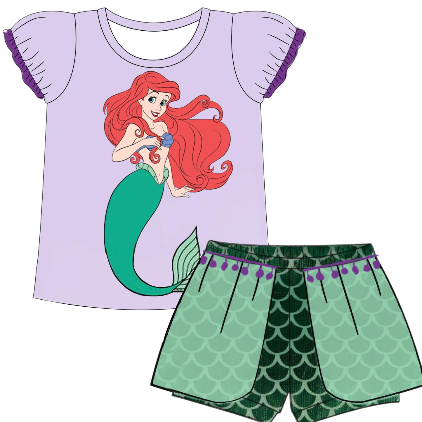 (Custom Design Preorder MOQ 5) Mermaid Princess Print Girls Summer Clothes Set