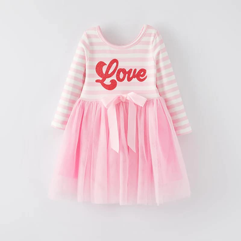 (Custom Design Preorder MOQ 5) LOVE Pink Print Girls Valentine's Day Knee Length Tulle Dress