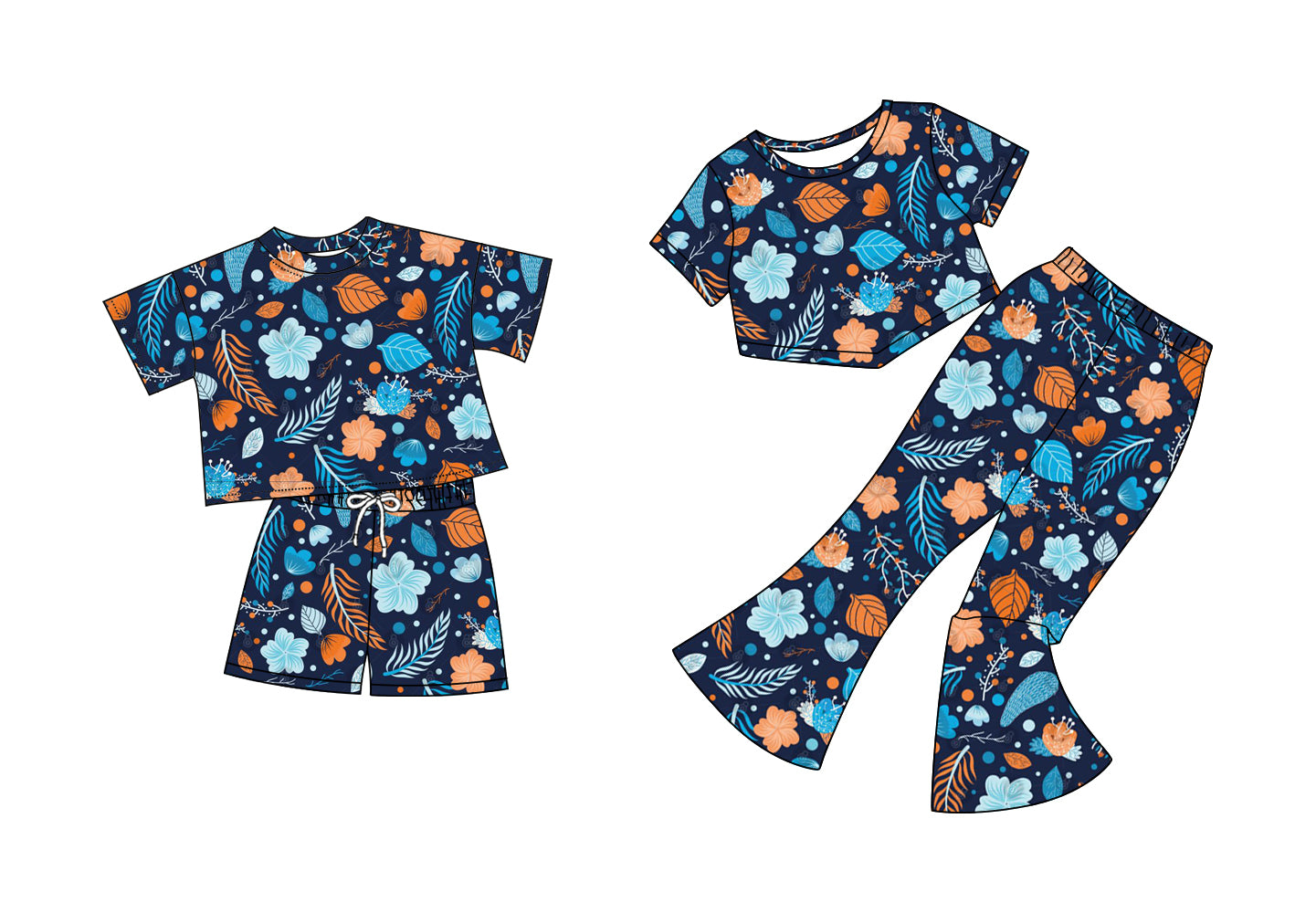 5.2(Custom Design Preorder MOQ 5 Each Design) Blue Orange Leaf Print Girls Matching Clothes Sisters Wear