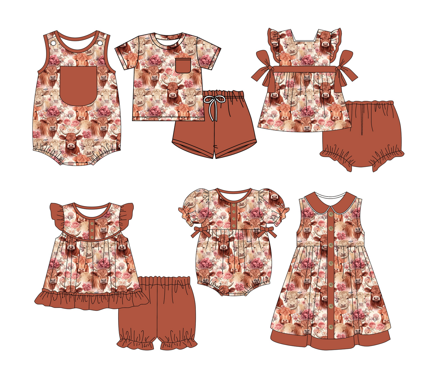 3.3(Custom Design Preorder MOQ 5 Each Design) Highland Cow Flowers Brown Print Kids Summer Matching Clothes Sibling Wear