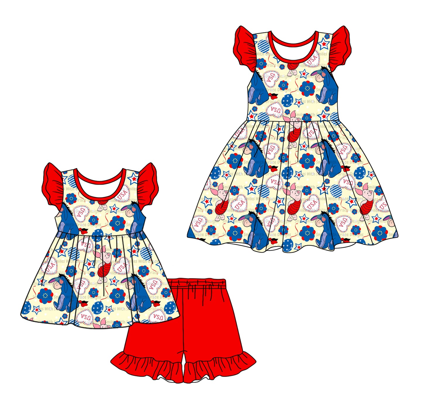 1.4(Custom Design Preorder MOQ 5 Each Design) Cartoon Animals Flowers Print Girls 4th of July Matching Clothes Sisters Wear