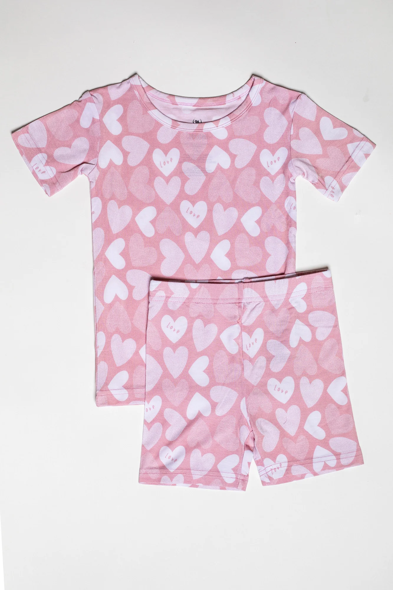 (Custom Design Preorder MOQ 5) Pink Heart Love Print Shorts Girls Valentine's Day Pajamas Clothes Set
