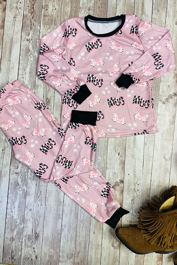 (Custom Design Preorder MOQ 5) MOO Pink Cows Print Girls Pajamas Clothes Set