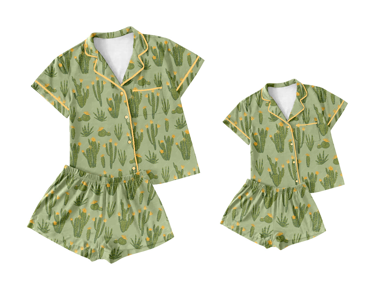 12.10(Custom Design Preorder MOQ 5 Each Design) Cactus Green Print Buttons Pajamas Sets Mom and Me Summer Matching Clothes