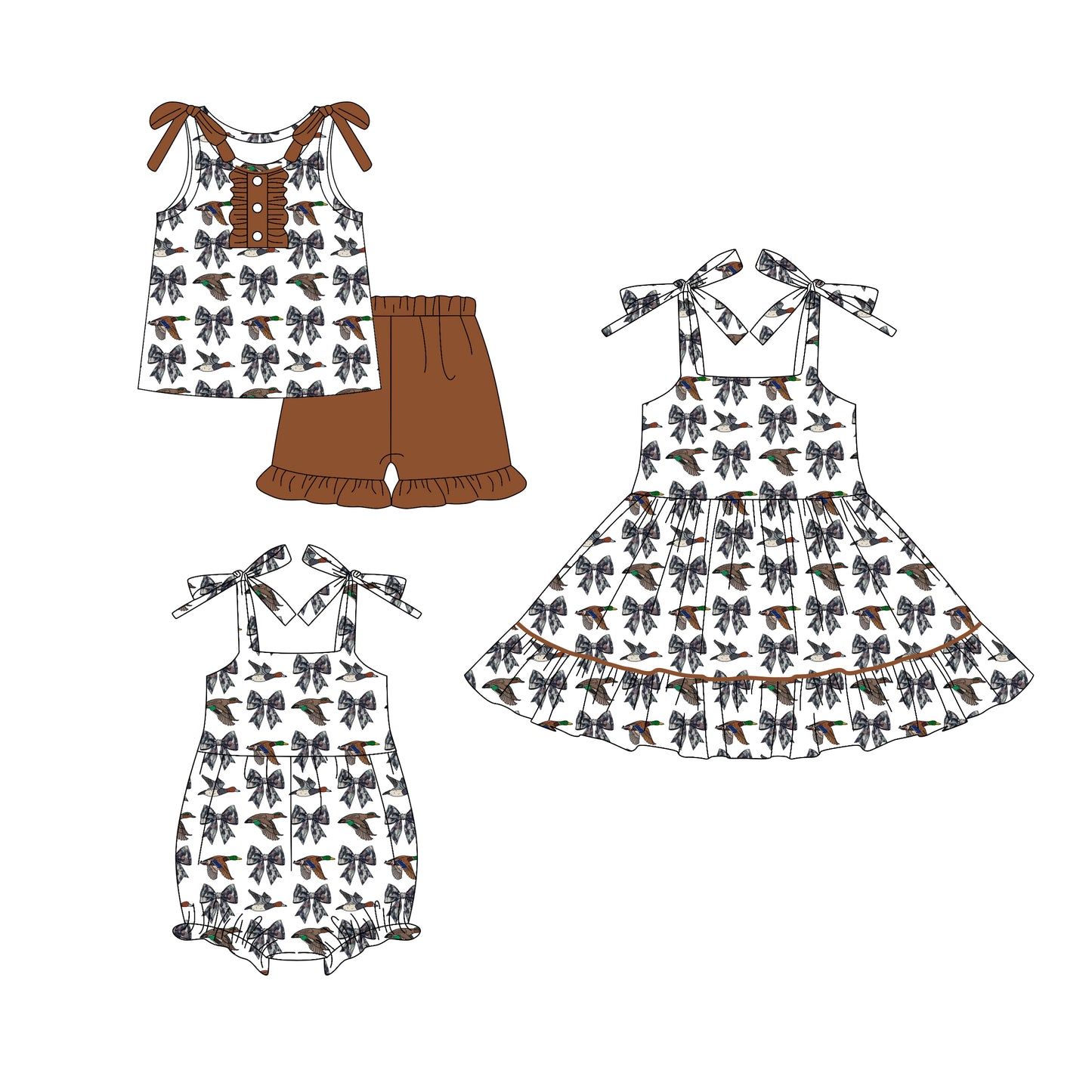 5.24(Custom Design Preorder MOQ 5 Each Design) Duck Bows Print Girls Summer Matching Clothes Sisters Wear