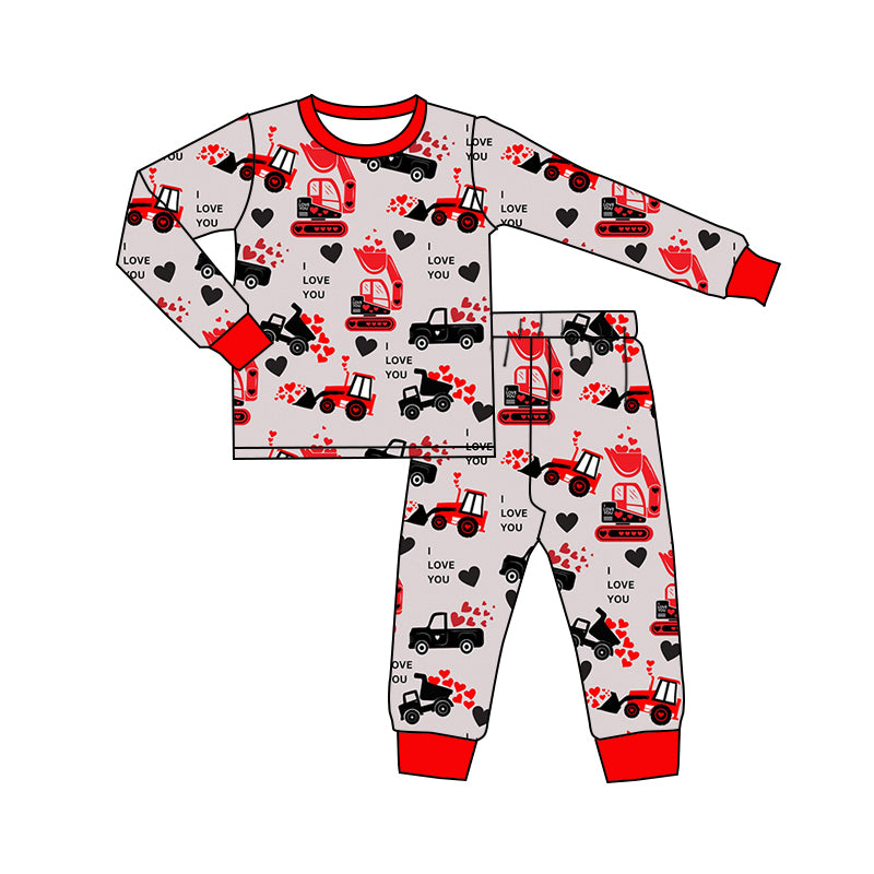 (Custom Design Preorder MOQ 20) Construction Trucks Heart Print Boys Valentine's Day Bamboo Pajamas Clothes Set
