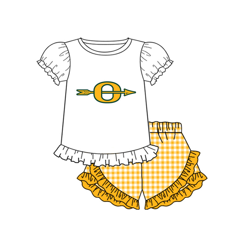 (Custom Design Preorder MOQ 5) Team's Ouachita White Top Plaid Shorts Girls Summer Clothes Set