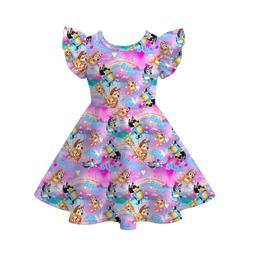 (Custom Design Preorder MOQ 5) Cartoon Dog Rainbow Print Girls Summer Knee Length Dress