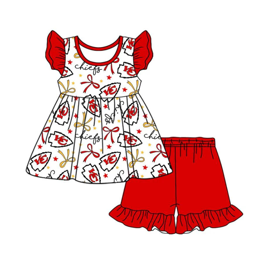 (Custom Design Preorder MOQ 5) Team's KC Chiefs Bows Top Red Shorts Girls Summer Clothes Set