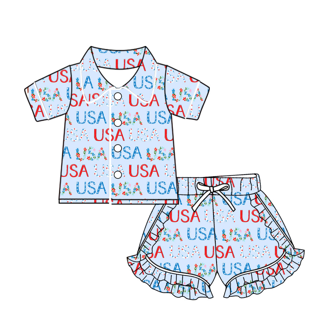 (Custom Design Preorder MOQ 5) USA Flowers Print Girls Summer Pajamas Clothes Set