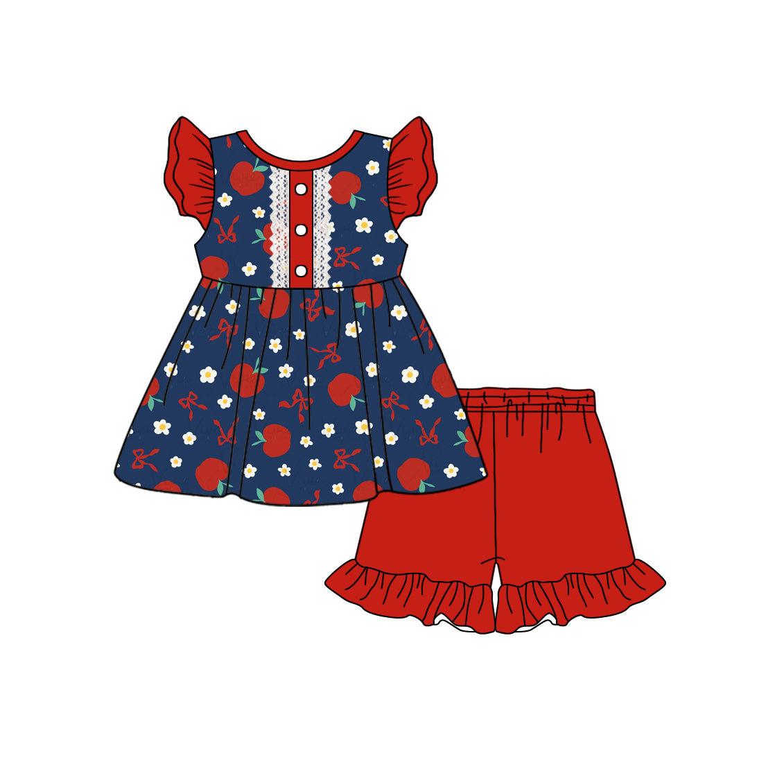 11.30(Custom Design Preorder MOQ 5 ) Apple Flowers Navy Tunic Top Red Shorts Girls Summer Clothes Set
