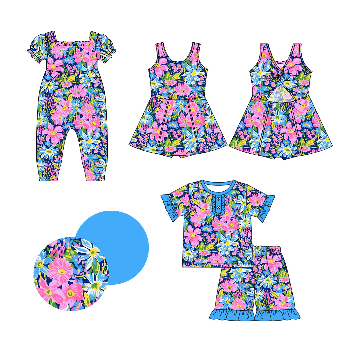 1.4(Custom Design Preorder MOQ 5 Each Design) Blue Flowers Print Girls Summer Matching Clothes Sisters Wear