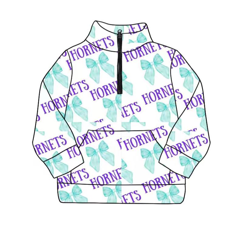 (Custom Design Preorder MOQ 5) Team's Hornets Bows Print Girls Long Sleeve Zipper Pullover Top