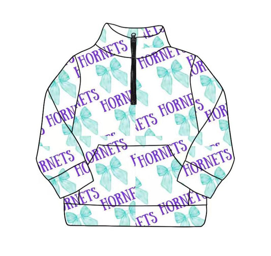 (Custom Design Preorder MOQ 5) Team's Hornets Bows Print Girls Long Sleeve Zipper Pullover Top