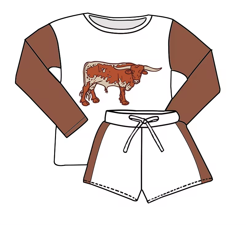 (Custom Design Preorder MOQ 5) Cow Print Long Sleeve Top Shorts Kids Clothes Set