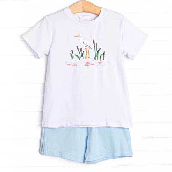 (Custom Design Preorder MOQ 5) Bird White Top Blue Shorts Girls Summer Clothes Set