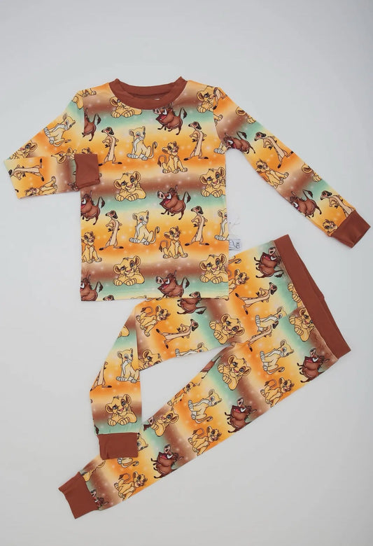(Custom Design Preorder MOQ 20) Cartoon Lion Print Kids Fall Bamboo Pajamas Clothes Set