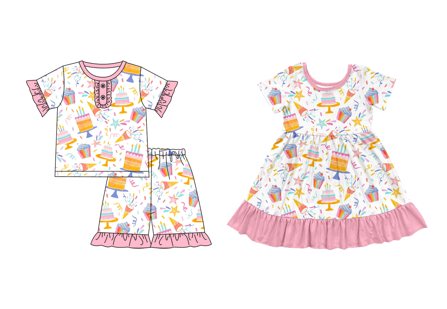3.31(Custom Design Preorder MOQ 5 Each Design) Cake Print Girls Happy Birthday Summer Matching Clothes Sisters Wear