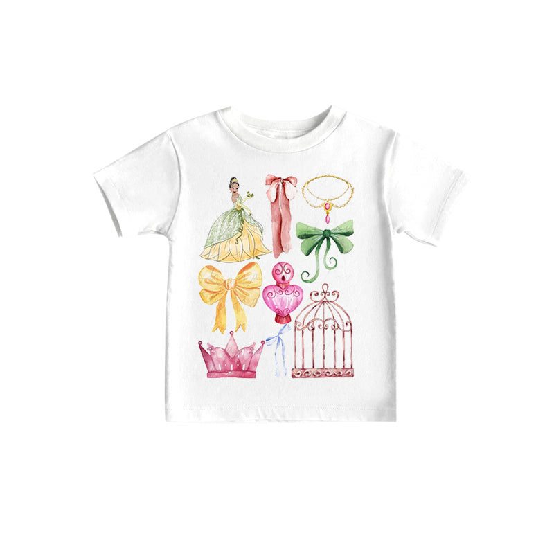 (Custom Design Preorder MOQ 5)NO.8 Cartoon Princess Bows Print Girls Summer Tee Shirts Top