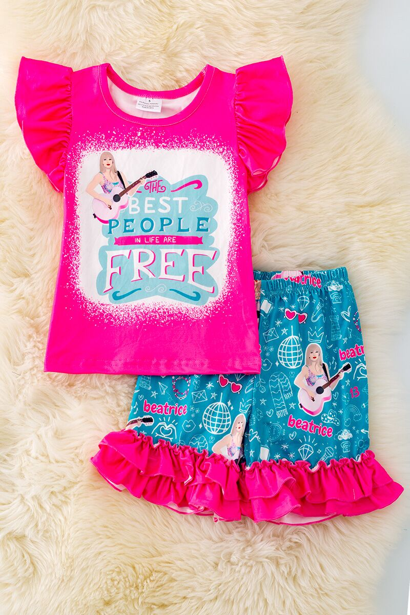 (Custom Design Preorder MOQ 5) Singer Swiftie Free Top Ruffle Shorts Girls Summer Clothes Set