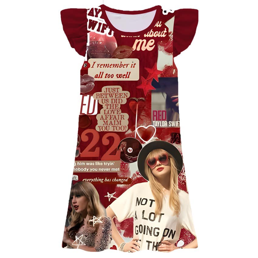11.22(Custom Design Preorder MOQ 5) Singer Swiftie Red Print Girls Flutter Sleeve Knee Length Dress