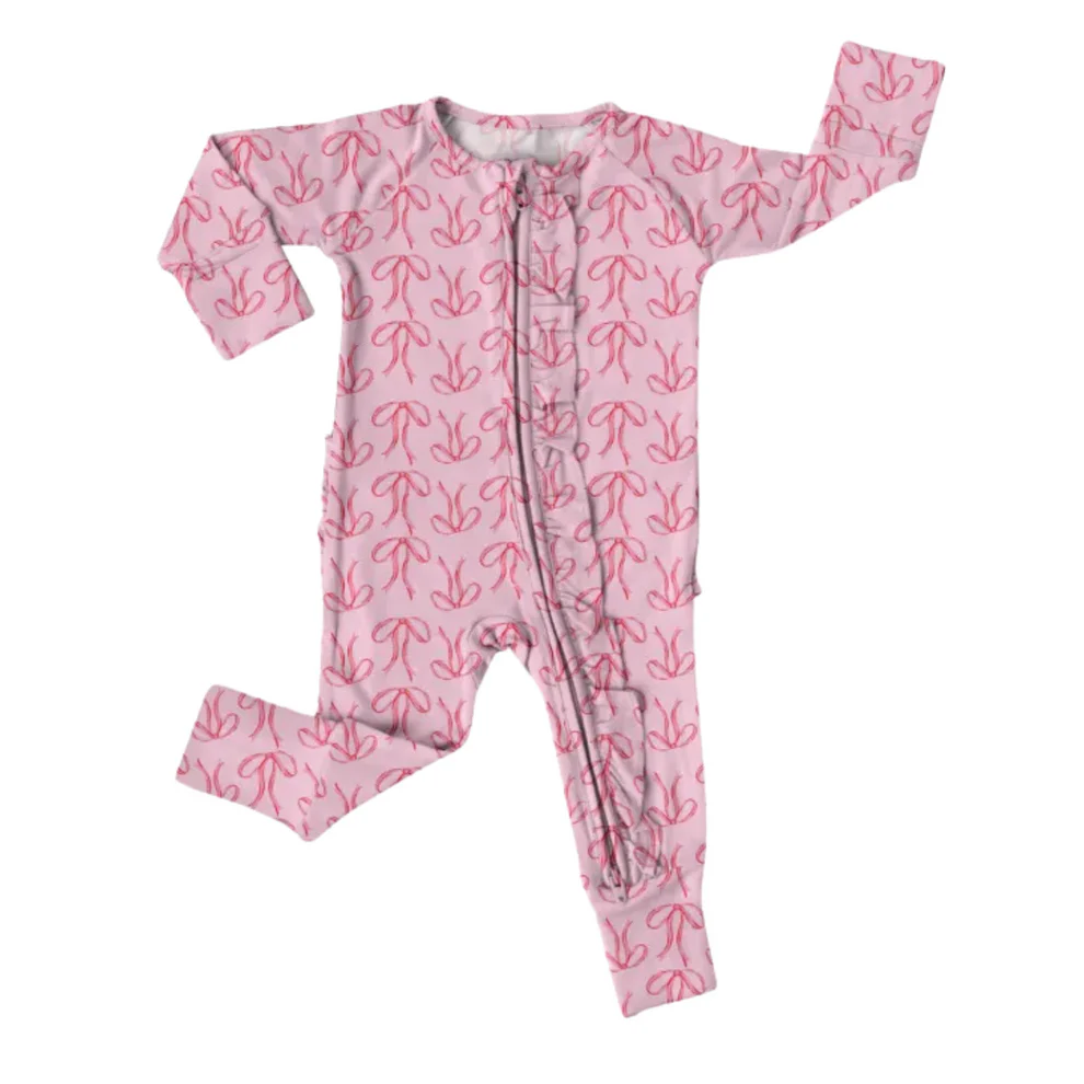 (Custom Design Preorder MOQ 20) Pink Bows Print Baby Girls Bamboo Sleeper Zipper Romper